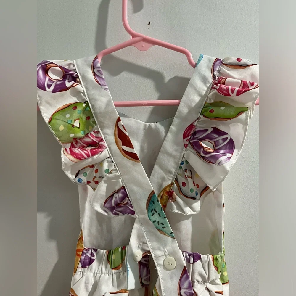 Fyegre Donut Print Ruffle Strap Baby One-Piece with bow